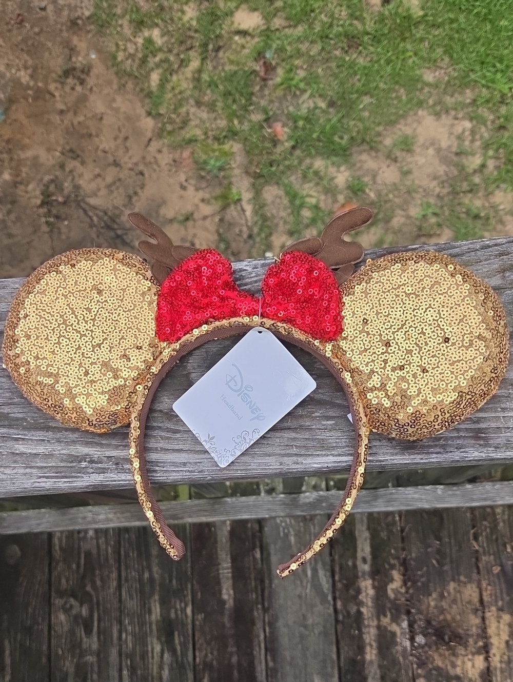 Disney Kids Gold Sequin Reindeer Minnie Ears Headband with Red Bow